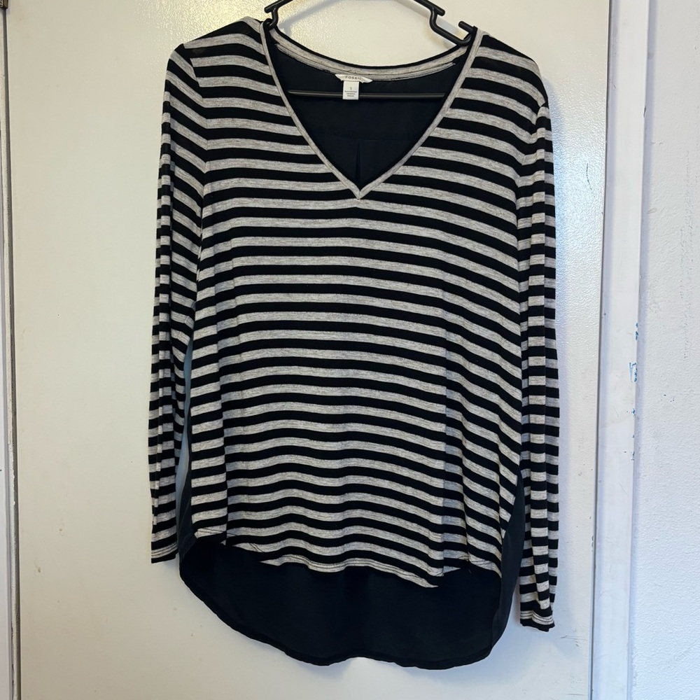 Fossil Black and Gray Striped Long Sleeve Top